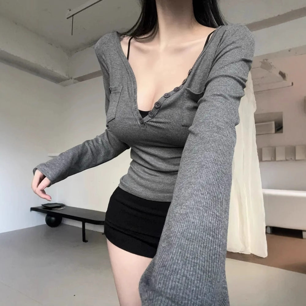 Elegant Single-Breasted V-Waist Slimming Look Threaded Versatile Long-Sleeved T-Shirt Tops for Women