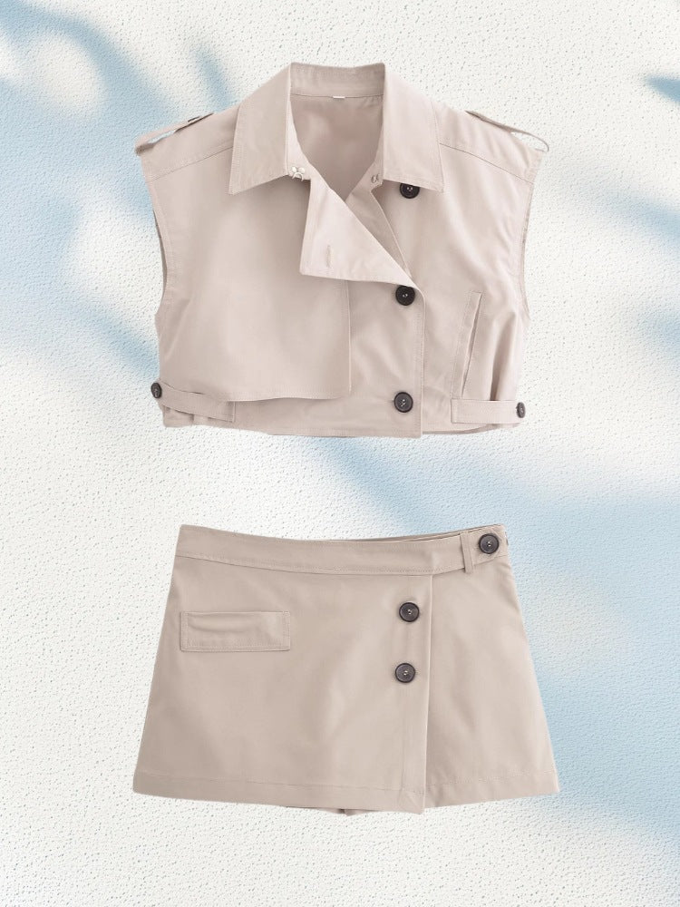 Cross-border Amazon Explosions Wholesale Spring New Lapel Single-breasted Sleeveless Trip Belt Short Top Short Culottes