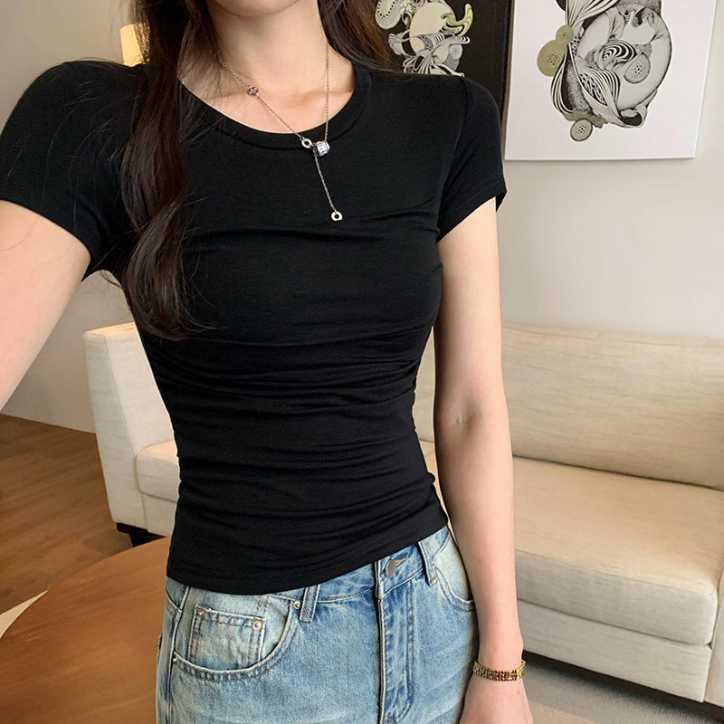 Alibaba Tencel Wool Skin-Friendly Right Shoulder Slim Short-Sleeved T-Shirt for Women Summer 2025 New American Hot Girl Top