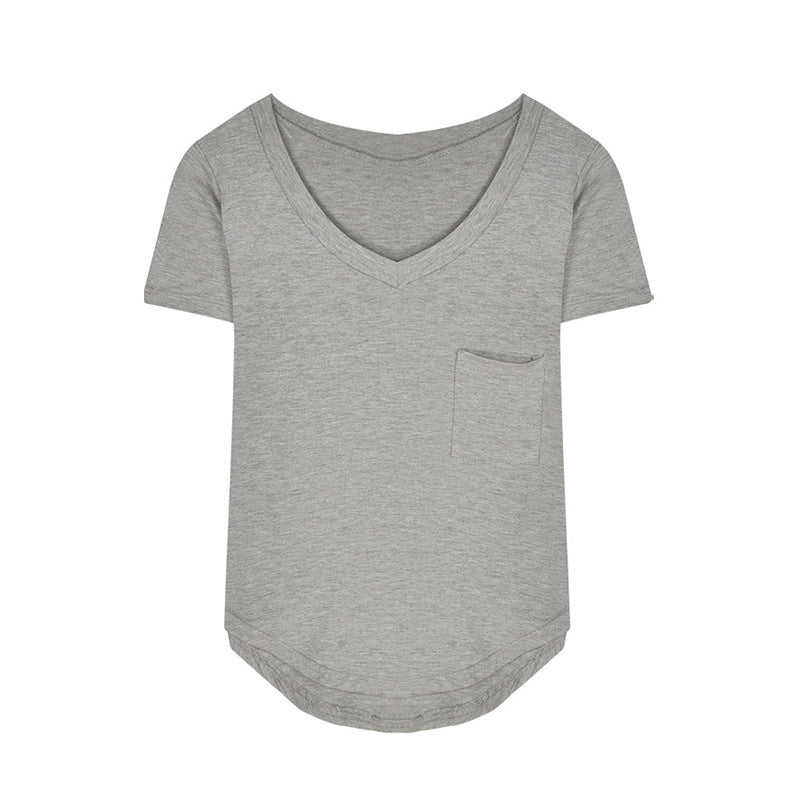 T-Shirt for Women 2025 Summer New V-Neck Short-Sleeved Design Pocket Inner Layering Shirt Asymmetrical Sexy Pure Lust Style