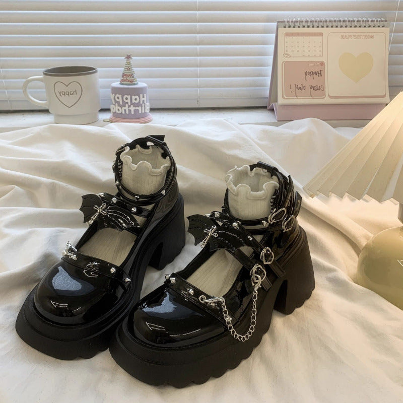 Rock Hot Girl Petite High Heels Height Increasing Punk Dark Jk Uniform Mary Jane Thick-Soled Small Leather Shoes for Women Lolita