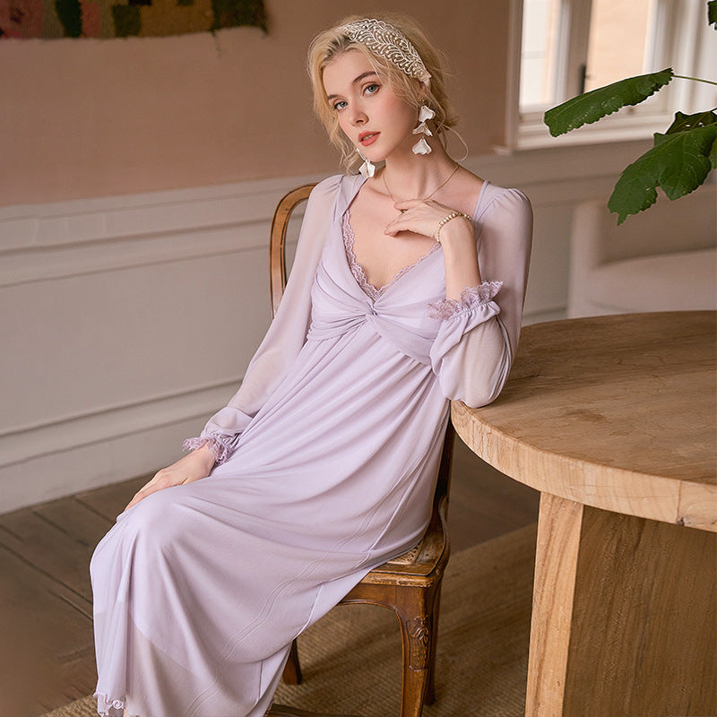 All-Season Long-Style High-End Sexy Pajamas Made of Modal with a Dreamy Sheer Mesh Overlay and Comfortable Chest Pads
