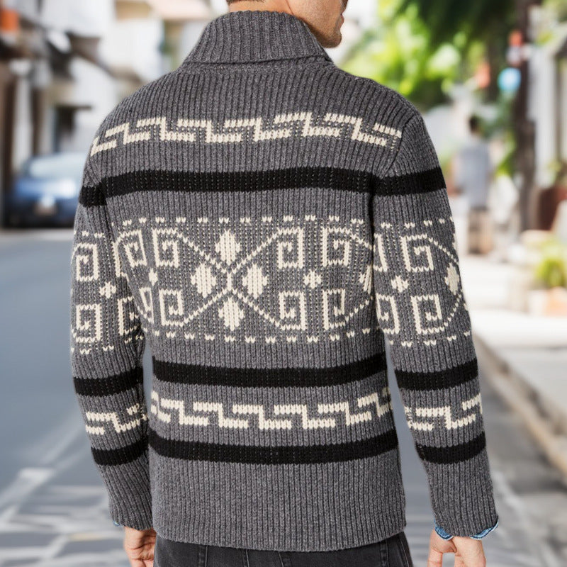 Autumn and Winter New Men's Fashion Lapel Casual Cardigan Jacket Long-Sleeved Slim Jacquard Knitted Sweater Sy0013