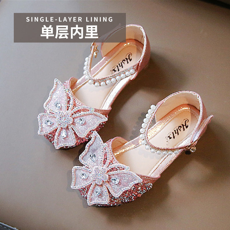 Girls Princess Shoes Cross-Border Summer New Bow Pearl Sandals Children's Single Shoes Baby High-Looking Small Leather Shoes