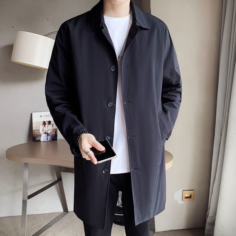 Lapel Simple Basic Windbreaker Men's Mid-length Loose Skin Windbreaker Spring and Autumn Pure Color Casual Thin Coat