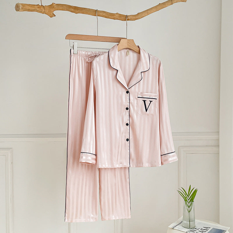 2525 New Summer Ice Silk Women's Pajamas V-Neck Thin Large V Printed Pants Long-Sleeved High-End Home Clothes