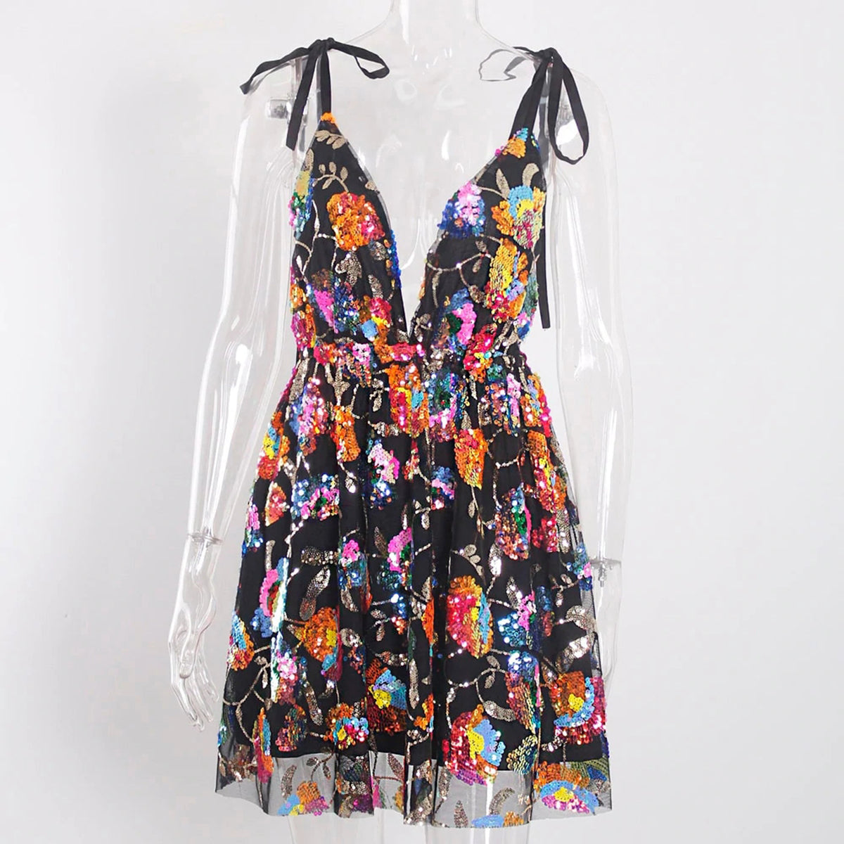 Export Cross-Border Hot Selling Amazon Hot Selling Sexy Deep V Backless Sequined Floral Lace Women's Sexy Short Clothing
