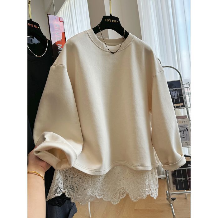 2024 New Lace Stitching Fake Two-piece Pullover Crewneck Sweaters Women's Spring and Autumn Lazy Style American Loose Top