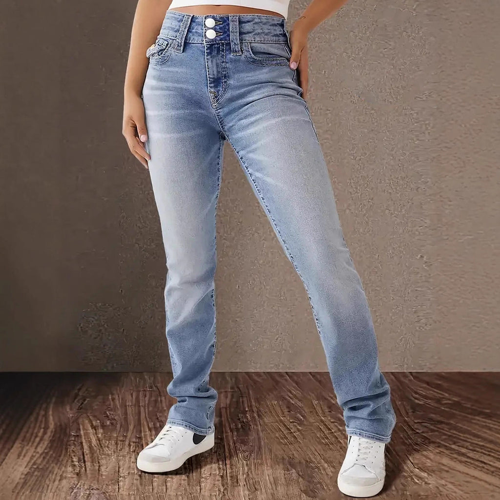 Women's Jeans, Retro Elastic Slimming Look Pants, Fashionable and Versatile Double-Button Design, Dark Blue Denim Trousers