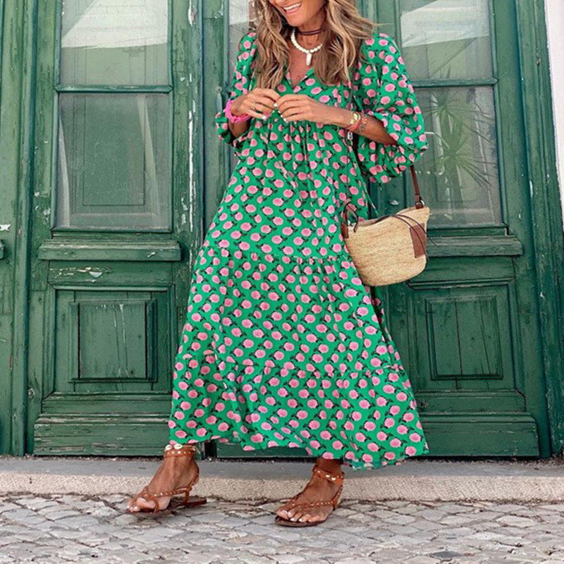 European and American Plus-Size Women's Loose-Fitting Bohemian Round-Neck Lantern-Sleeve Sweet Girl Dress Wholesale from Source Factory