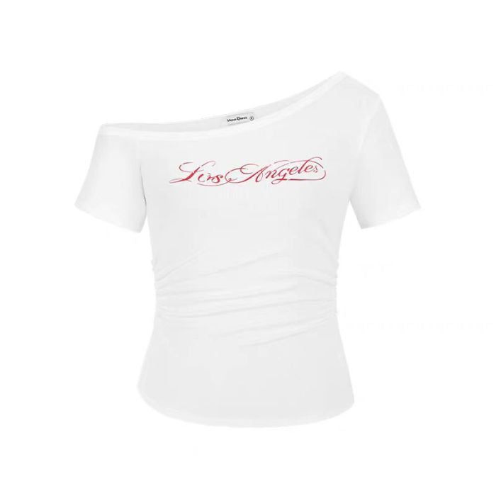 Hot Girl Style Letter Printed Slanted Shoulder Short-Sleeved T-Shirt for Women Summer New Slim Fit Versatile Chic Top