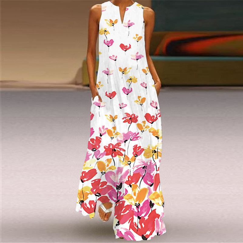 New Summer Women's Sleeveless Long Dress V-Neck Floral Print Dress European and American Cross-Border Foreign Trade Women's Clothing