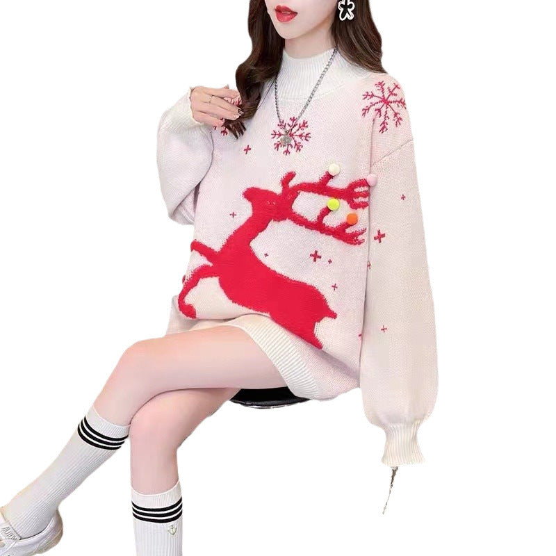 Red Christmas Sweater Women's 2024 New Fawn Autumn and Winter Loose Outer Wear Laid-back Style Thickened Mid-length Needle Sweater