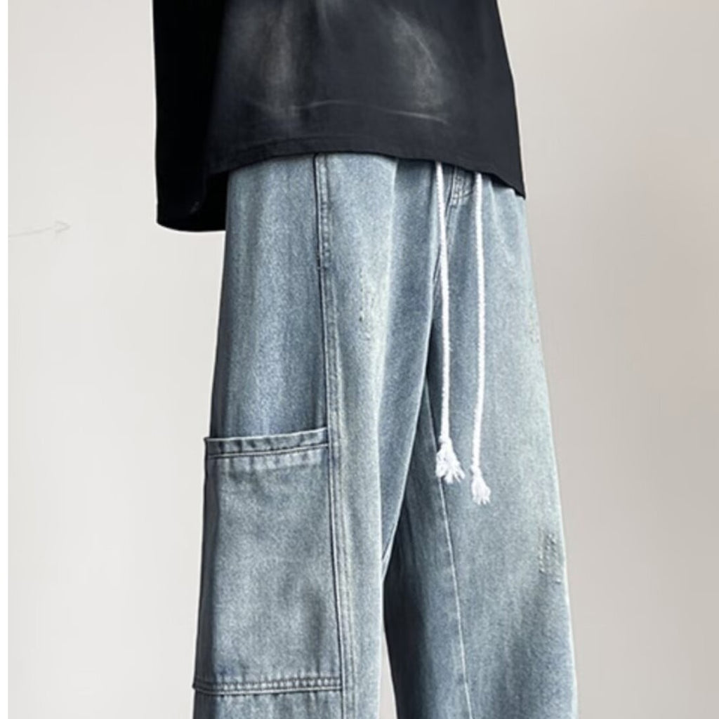 Workwear Jeans Male Teenagers Spring and Autumn Big Pocket Junior Senior high school Students American Casual Elasto Waist Long Pants