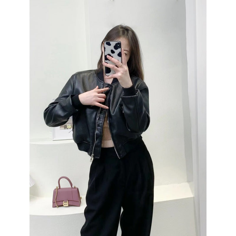 Fall 2023 new European and American cross-border women's clothing street fashion faux leather pilot jacket jacket w027 9291
