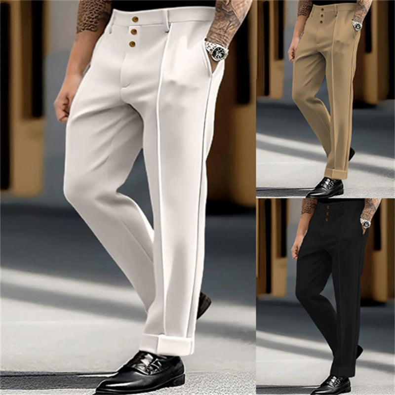 Men's Youth Formal Solid Color Fashion Button Daily Outdoor Straight Suit Pants