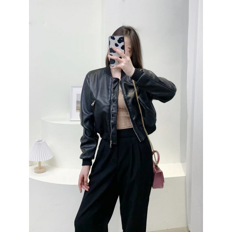 Fall 2023 new European and American cross-border women's clothing street fashion faux leather pilot jacket jacket w027 9291