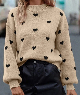 European and American Fashionable Autumn and Winter New Sweaters Long-Sleeved Round Neck Knitted Pullover Heart Loose Casual Women's Clothing