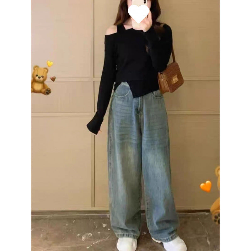 Open Shoulder Irregular Base Shirt Sweater Women's Autumn and Winter Outer Split Knit Anker Thunder Wear Chic Top