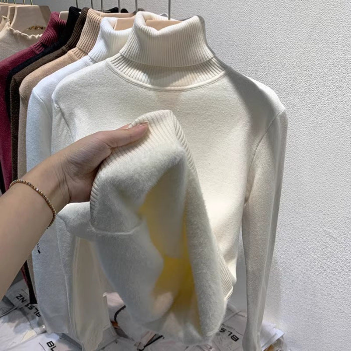 Thickened Fleece-Lined Thermal Sweater for Women, Autumn and Winter Ribbed High-Neck Long-Sleeve Knit Base Shirt