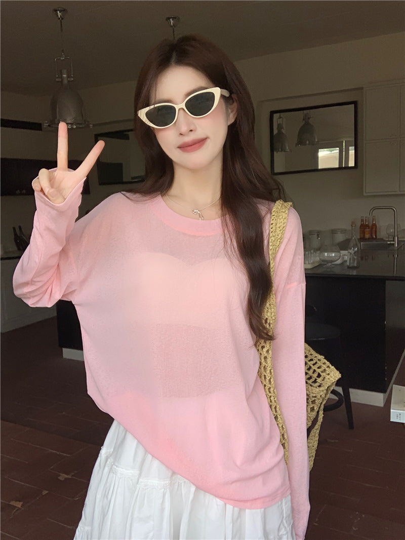 Cross-Border Thin Sun Protection Long-Sleeved T-Shirt for Women in Summer, Loose Suspenders, Air-Conditioned Shirts, Blouses, Layered Inner Tops