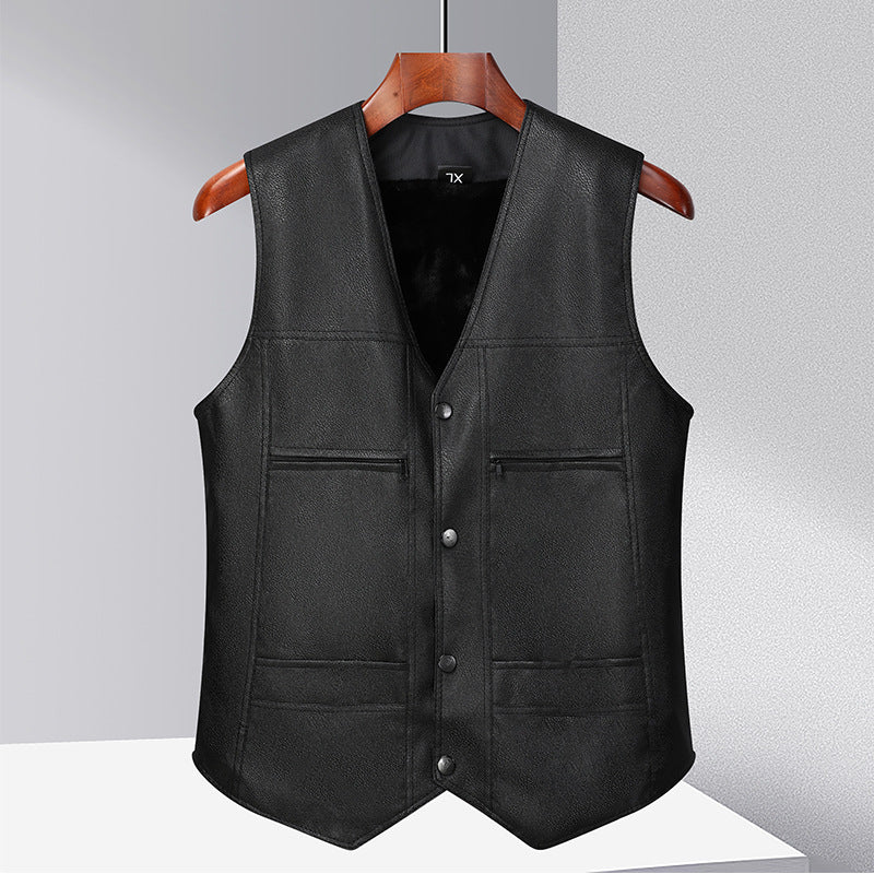 Autumn and Winter New Middle-aged Men's Leather Vest fleece-lined Thickened Dad Winter Clothing V-Neck Grandpa Outer Wearing Warm Vest
