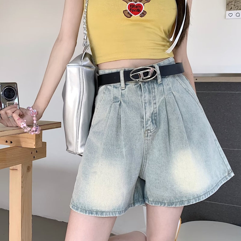 Design Sense Pleated High Waist Jeans Women's Summer American Style New Slim A- Word Retro Loose Wide-Leg Shorts for Women