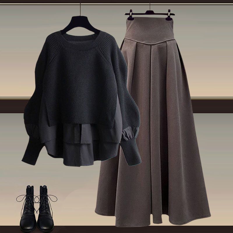Autumn suit Women's New plus size Women's Fashion Fake Two-piece Top Elegant Slim Skirt Two-piece Set