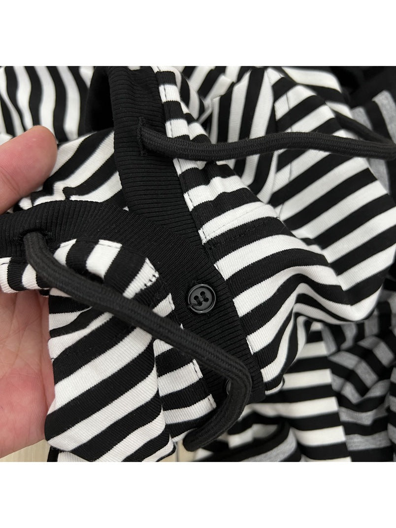 Good to wear to burst striped access control buckle hoodie autumn new women's casual all-match long sleeve T-shirt top base tee