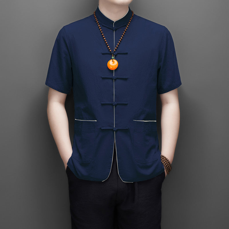 New Tang Suit Men's Tops, New Chinese Style Ancient Style Summer Clothes, Short-Sleeved Summer Suits for Middle-Aged and Elderly People, Dad's Summer Suits