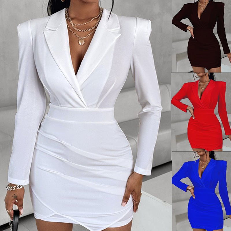 2025 European and American foreign trade women's new long sleeve slim suit collar hip dress cross-border Amazon one-step skirt
