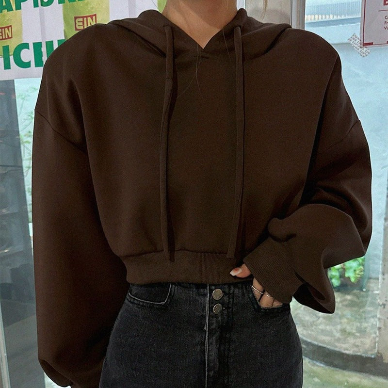 2026 Spring and Autumn Korean Style New Versatile Hooded Sweatshirt, Waist-Cinching Pure Cotton Short Pullover Sweatshirt for Women