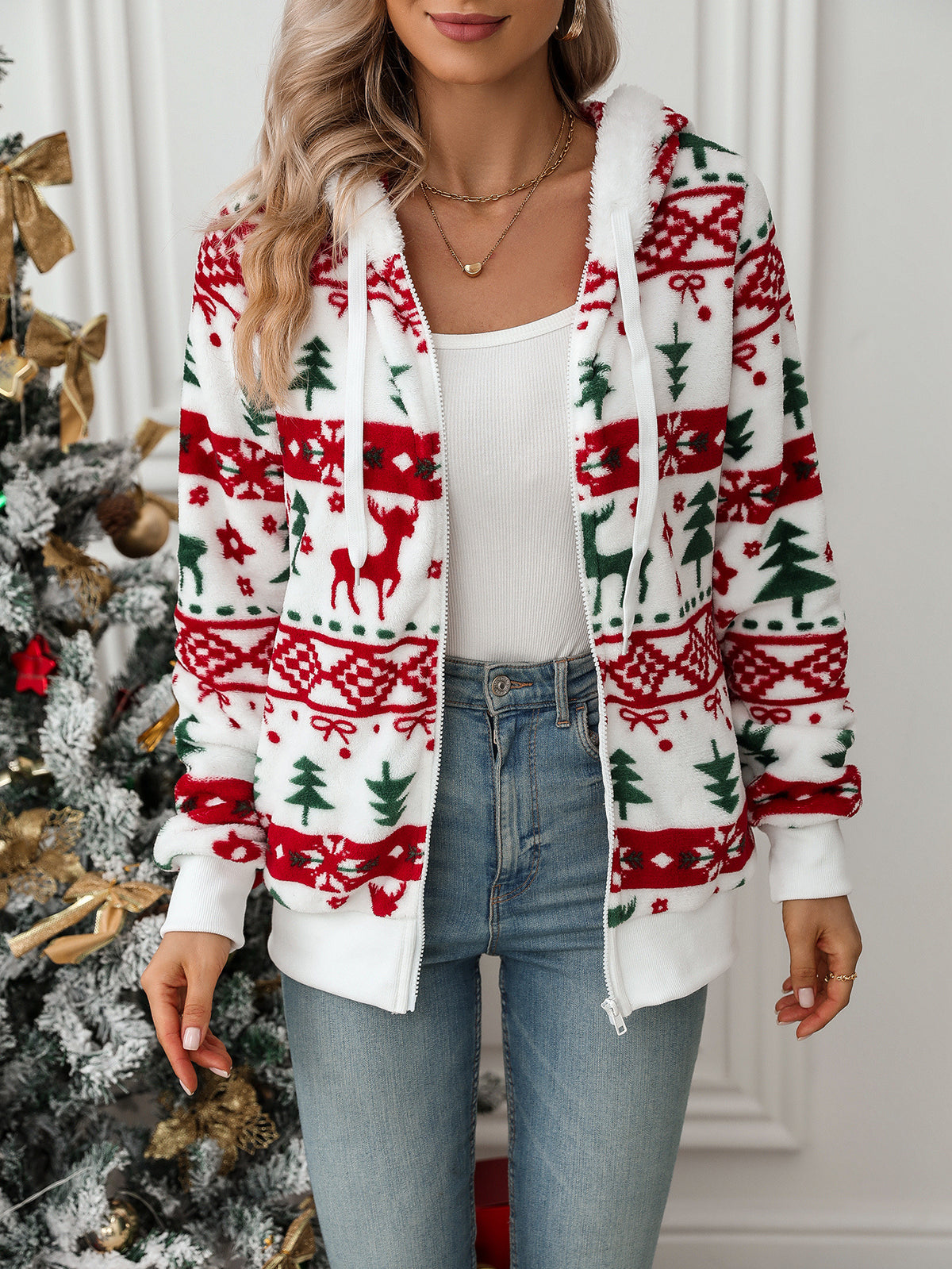 Flash velvet 2023 cross-border autumn and winter new European and American women's Amazon long sleeve cardigan Christmas printed plush coat