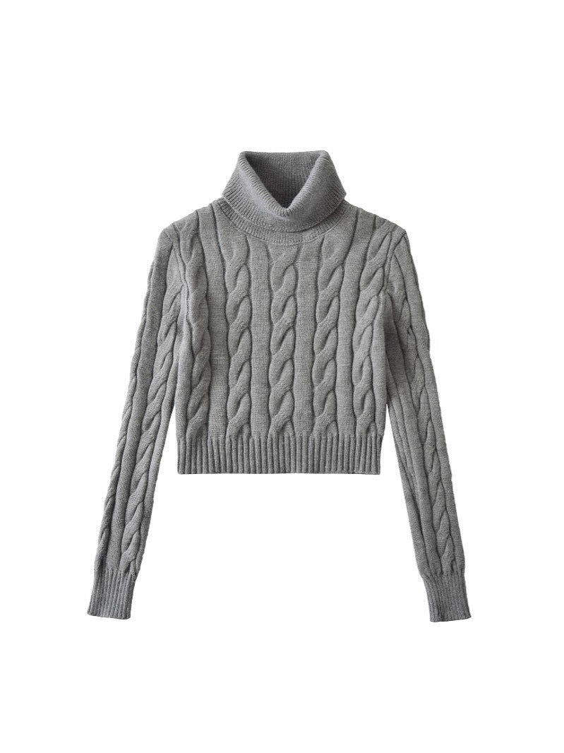 2024 Winter New Spice Girls High Neck Twist Sweater Women's Solid Color All-match Lazy Style Short Base Long Sleeve Sweater