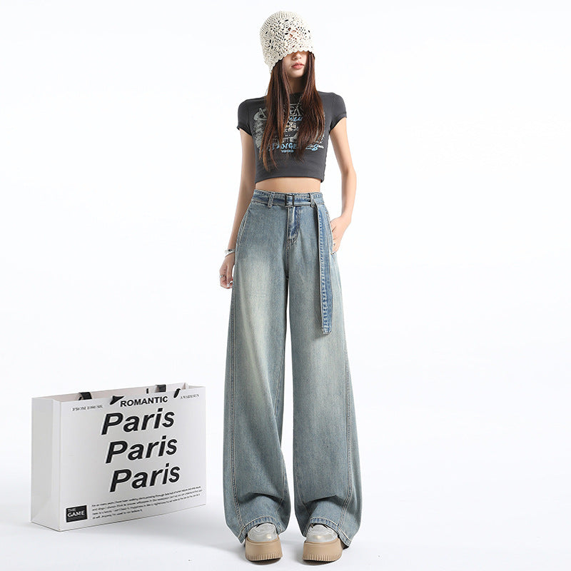 Spring and Autumn Retro High-Waist Belt Design Wide-Leg Pants for Women New Loose Slimming Versatile Drapey Floor-Length Jeans for Women