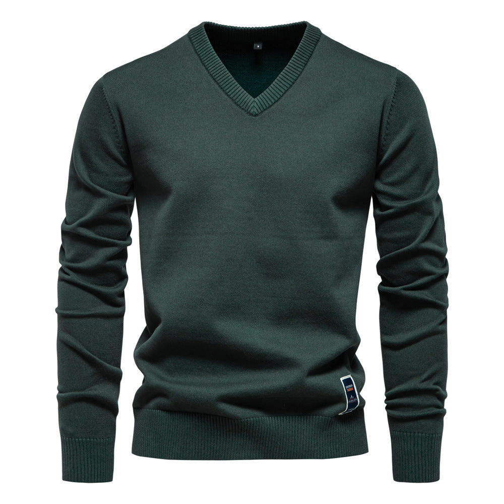 V-Neck 2024 Knitwear Pure Color Men's Knitwear Men's Cross-Border Black Cotton Knitwear Trendyy Autumn and Winter New Green