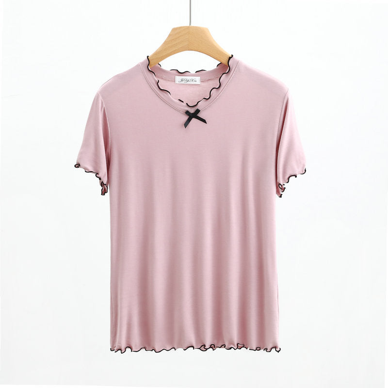 Spring and Summer 2023 New Modal Cotton Pajamas Women's Summer Short-sleeved Flex V-neck Bow Thin Age-reducing Top