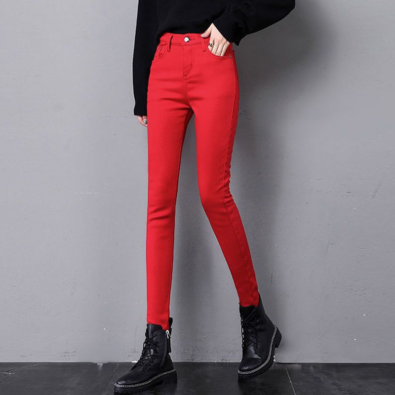 Red Jeans Women's 2024 Autumn and Winter Plus Velvet High Waist Slim Fit Small Foot Casual Pants Straight-Leg Pencil Pants