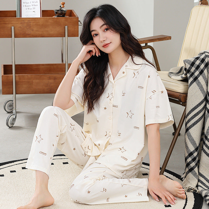 2026 New Women's Summer Pajamas, Cotton Short-Sleeve Long Pants, High-End Cardigan Loungewear Set for Women, Suitable for Wearing Outside