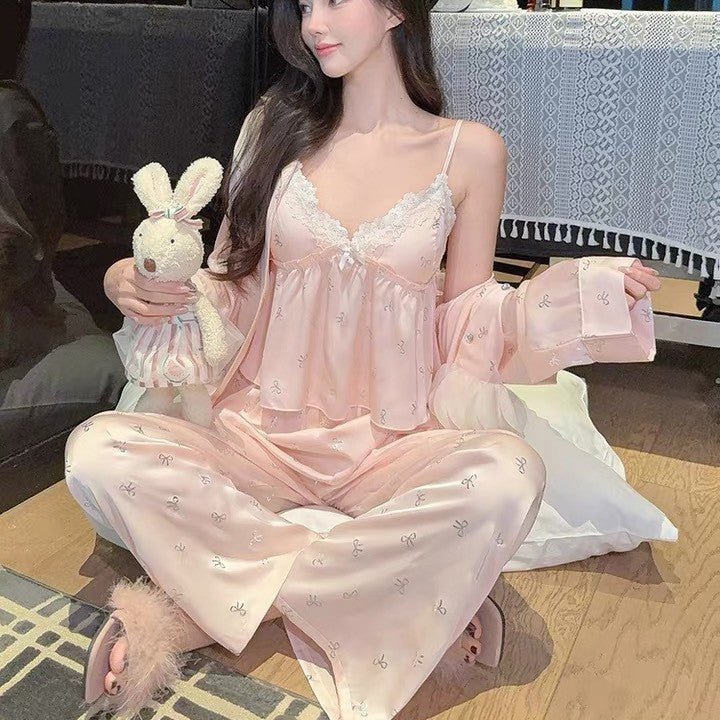 Pajamas for Women 2026 New Spring, Autumn and Summer Suspender-Style Ice Silk with Silver Bow, Padded Chest, Lace Homewear Set