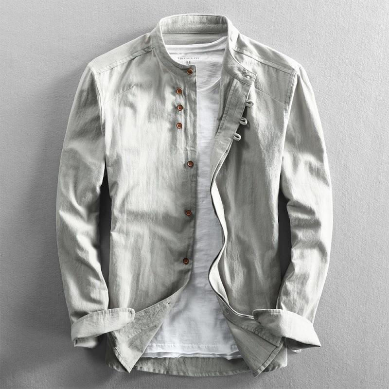 Men's buckle long-sleeved shirt autumn casual linen retro Chinese style slim stand collar slim fit shirt jacket