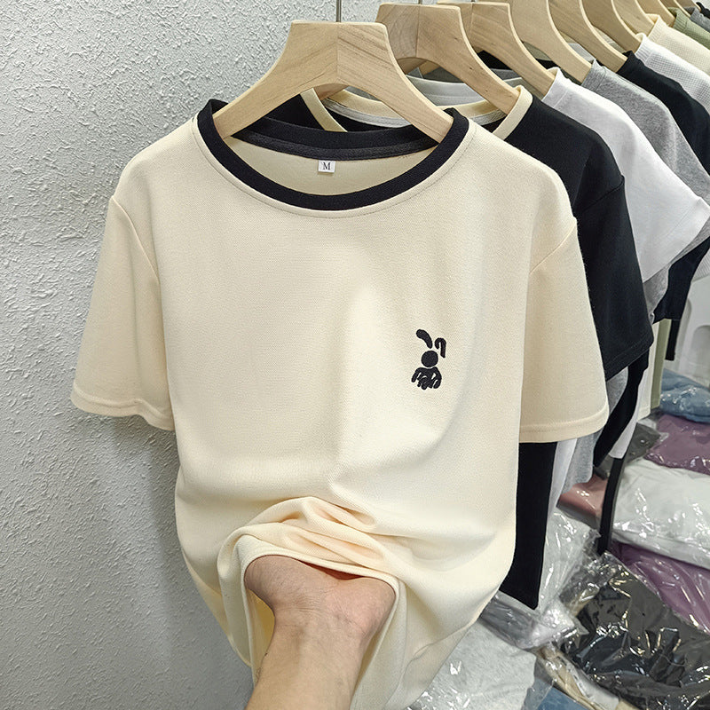 Pure Cotton Bag Collar Contrasting Round Neck Short-Sleeved T-Shirt for Women Summer New Style Bunny Embroider Casual Versatile Top