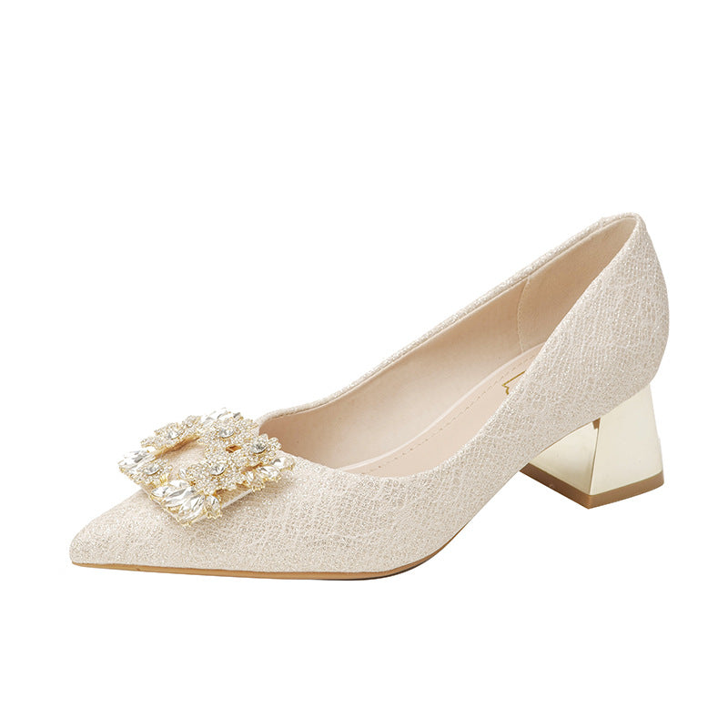 High Heels Women's Chunky Heel 2025 Spring and Summer New Pointed Mid-Heel Shoes Fashionable Breathable Water Diamond Buckle Wedding Shoes plus size