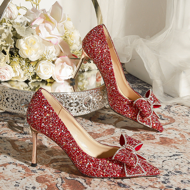 829-111 Pointed High Heel New Red Xiuhe Dress Wedding Shoes Bow Chinese Not Tired Bride High Heels