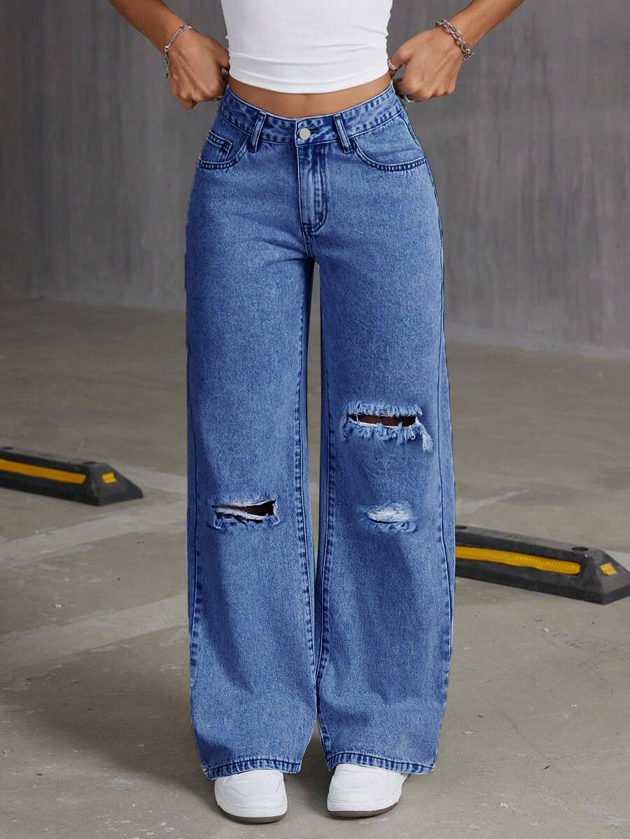 European and American Cross-Border 2025 New Loose Light Blue Washed Wide-Leg Jeans Pure Color Pants Women Jeans