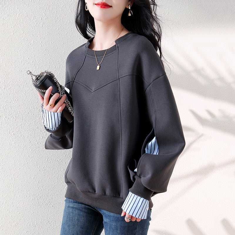 Real shot new ribbed neckline striped stitching top design sense irregular dividing line women's sweater