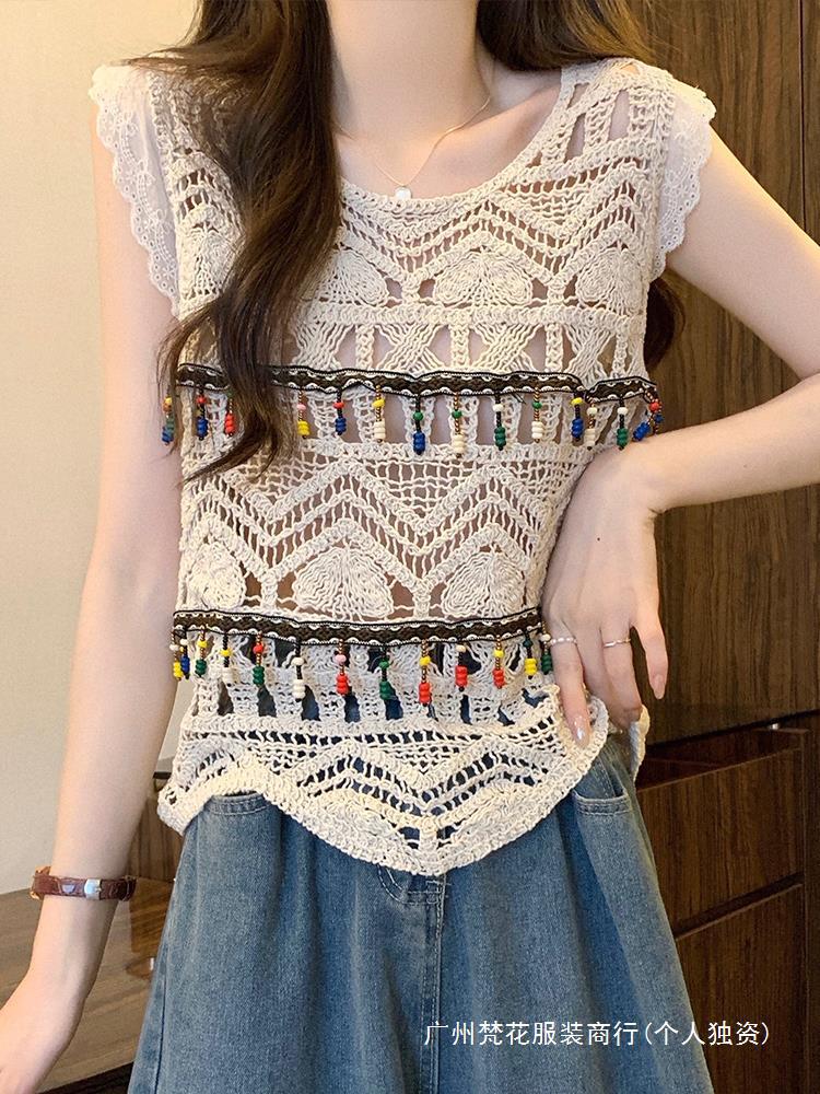 Vintage Crochet Hollow Knitted Vest Outer Wear Sling Outer Wear Blouse Holiday Style Design Sense Top 414 Flying Sleeves