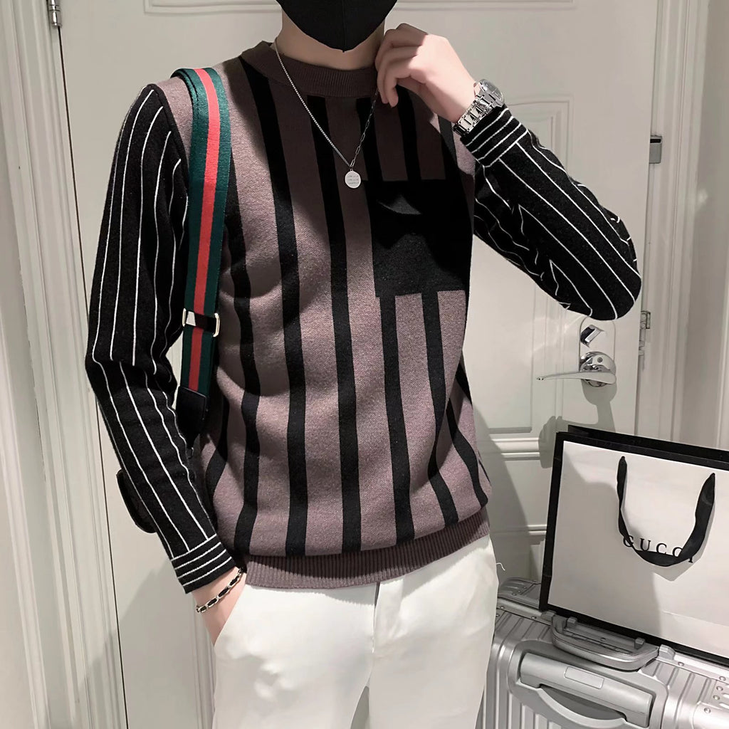 Fake two-piece sweater all-match casual Pu handsome sweater men's striped slim fit 2023 niche new sweater fashion