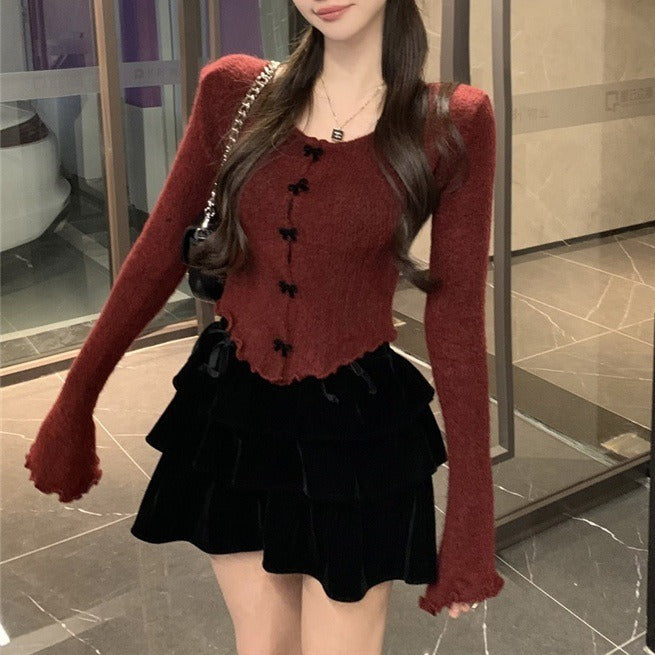 Red elegant fashion sweater women's autumn and winter 2024 New sweater undershirt short top slim fit