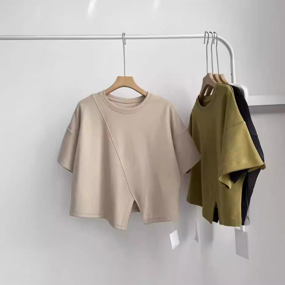 European-Style Regular Shoulder Short-Sleeve T-Shirt for Women, 2026 Summer New Plus-Size Slimming Top for Curvy Women, Tummy-Concealing with Irregular Slit Design